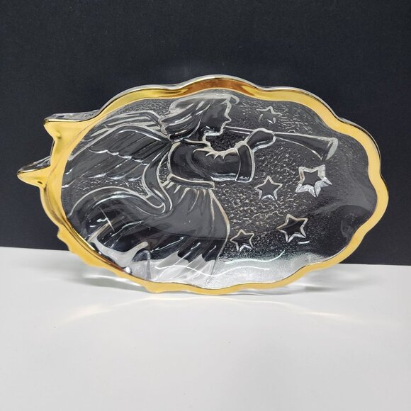 Vintage Mikasa Candy Nut Dish Christmas Trumpet Angel Glass Gold Trim - Picture 2 of 4